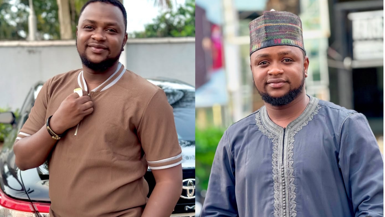 Baba Sadiq ya dauki hoton Selfie tare da wasu jaruman Kannywood masu murmushi a wani wurin da aka shirya fim, sanye da kayan gargajiya na Hausa - wanda ke nuna nasarar samun nasara a shafukan sada zumunta ta hanyar samun kudin shiga na Facebook.