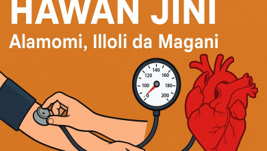 Hoto yana nuna gwajin hawan jini da hoton zuciya, tare da taken Hausa mai cewa "Hawan Jini: Alamomi, Illoli da Magani".