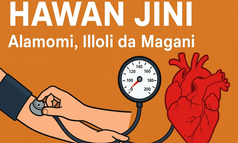 Hoto yana nuna gwajin hawan jini da hoton zuciya, tare da taken Hausa mai cewa "Hawan Jini: Alamomi, Illoli da Magani".
