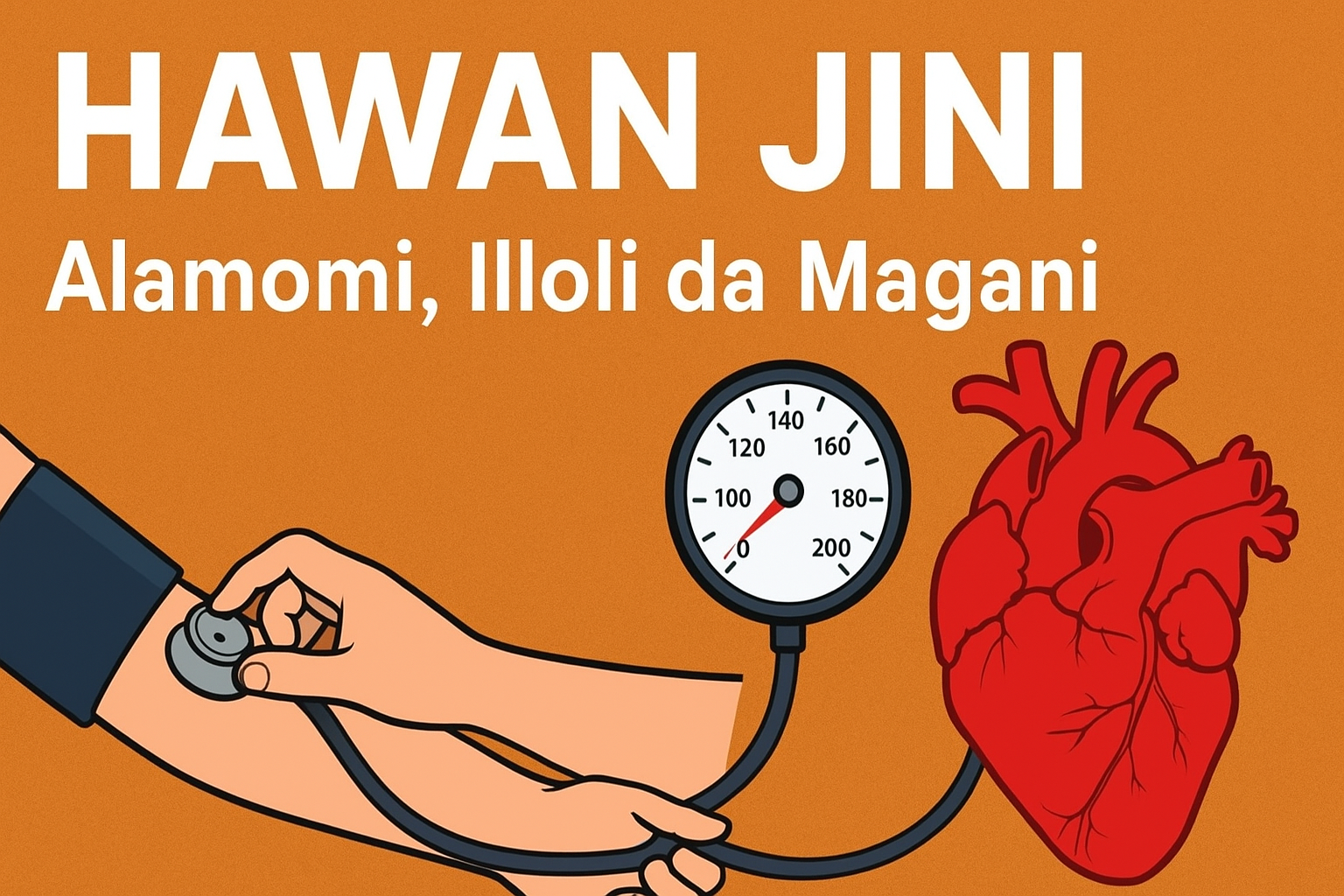 Hoto yana nuna gwajin hawan jini da hoton zuciya, tare da taken Hausa mai cewa "Hawan Jini: Alamomi, Illoli da Magani".