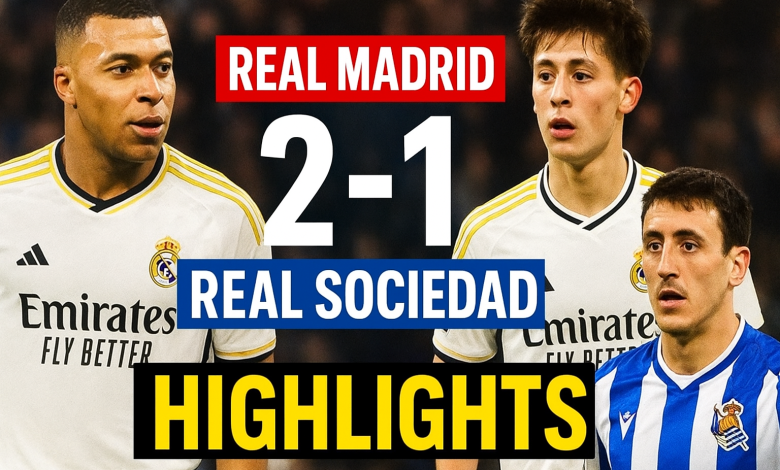 Kylian Mbappé da Arda Güler suna murnar cin ƙwallo a wasan Real Madrid vs Real Sociedad 2-1 a La Liga.