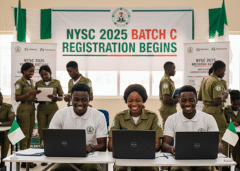 Wasu sabbin yan bautar ƙasa na NYSC suna yin rajista a cibiyar rajista yayin da hukumar NYSC ta fara rijistar NYSC Batch C 2025