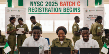 Wasu sabbin yan bautar ƙasa na NYSC suna yin rajista a cibiyar rajista yayin da hukumar NYSC ta fara rijistar NYSC Batch C 2025