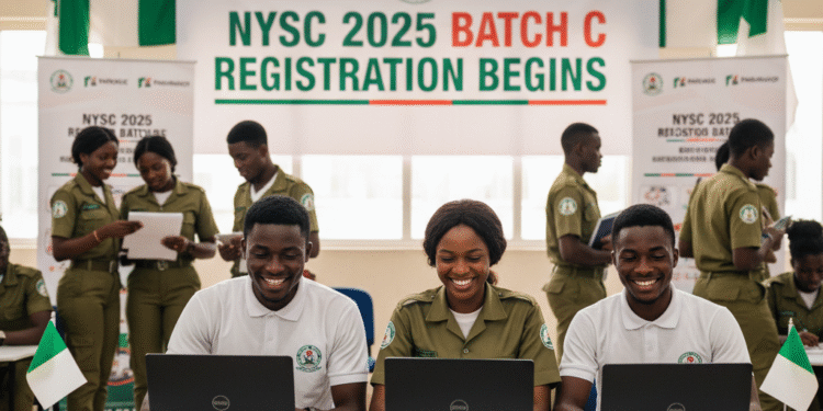 Wasu sabbin yan bautar ƙasa na NYSC suna yin rajista a cibiyar rajista yayin da hukumar NYSC ta fara rijistar NYSC Batch C 2025